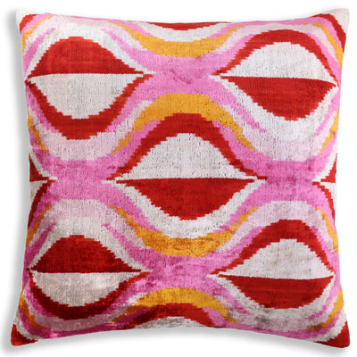 Pink Red Wave Silk Velvet Pillow – 20x20 Handmade Ikat Throw Cushion