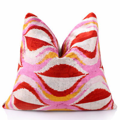 Pink Red Wave Silk Velvet Pillow – 20x20 Handmade Ikat Throw Cushion