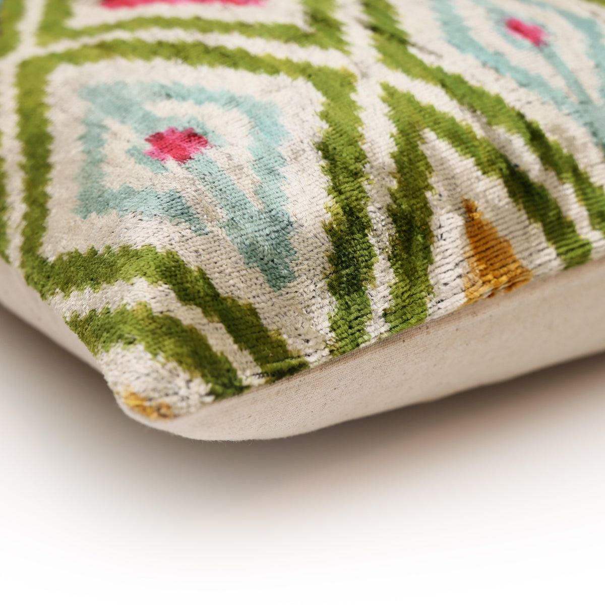 20x20 Multicolor Green Ikat Silk Velvet Pillow