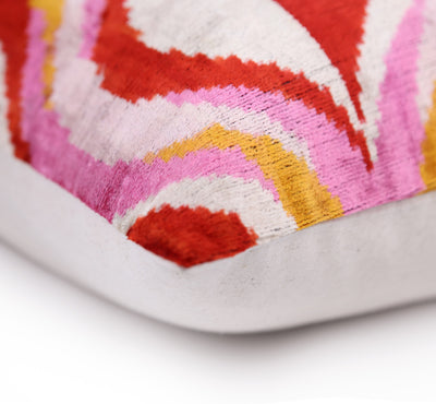 Pink Red Wave Silk Velvet Pillow – 20x20 Handmade Ikat Throw Cushion
