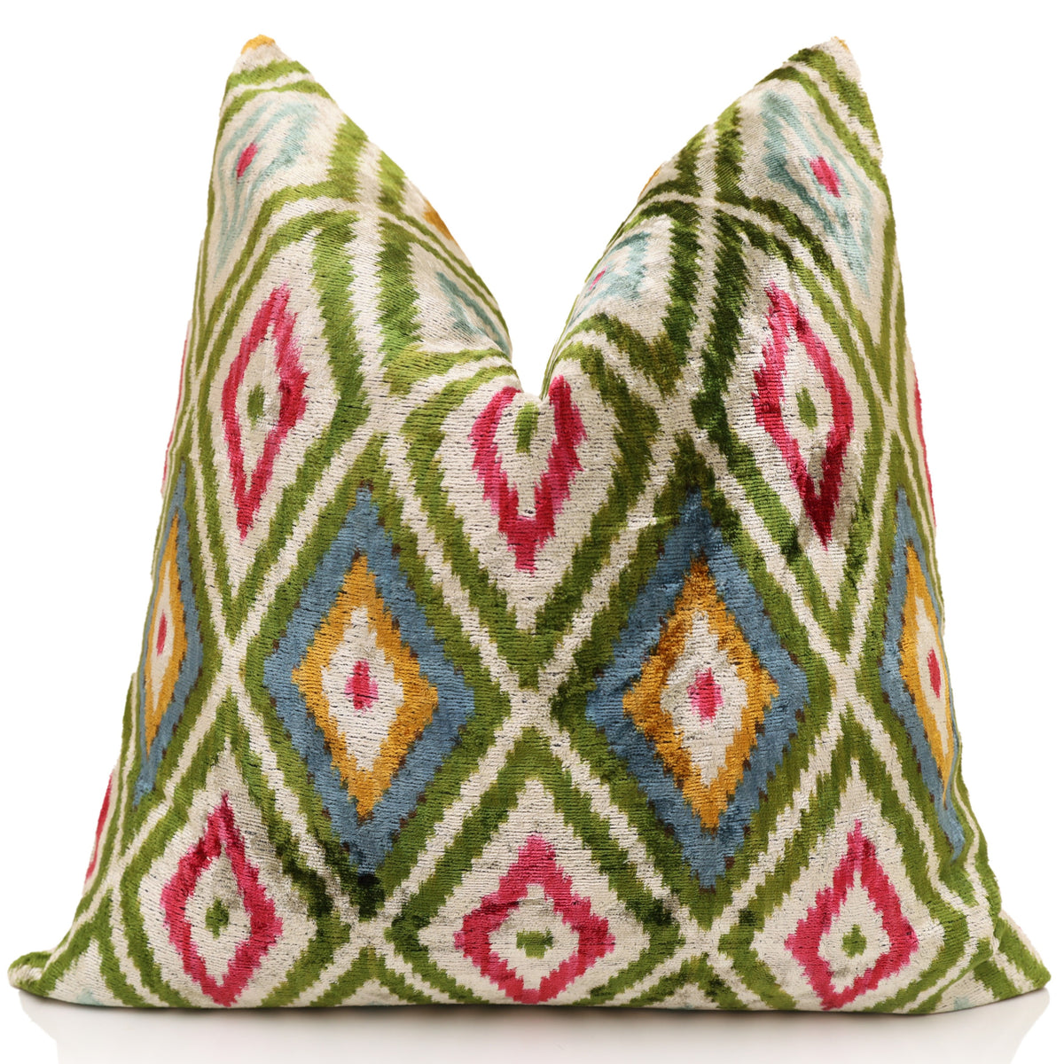 20x20 Multicolor Green Ikat Silk Velvet Pillow