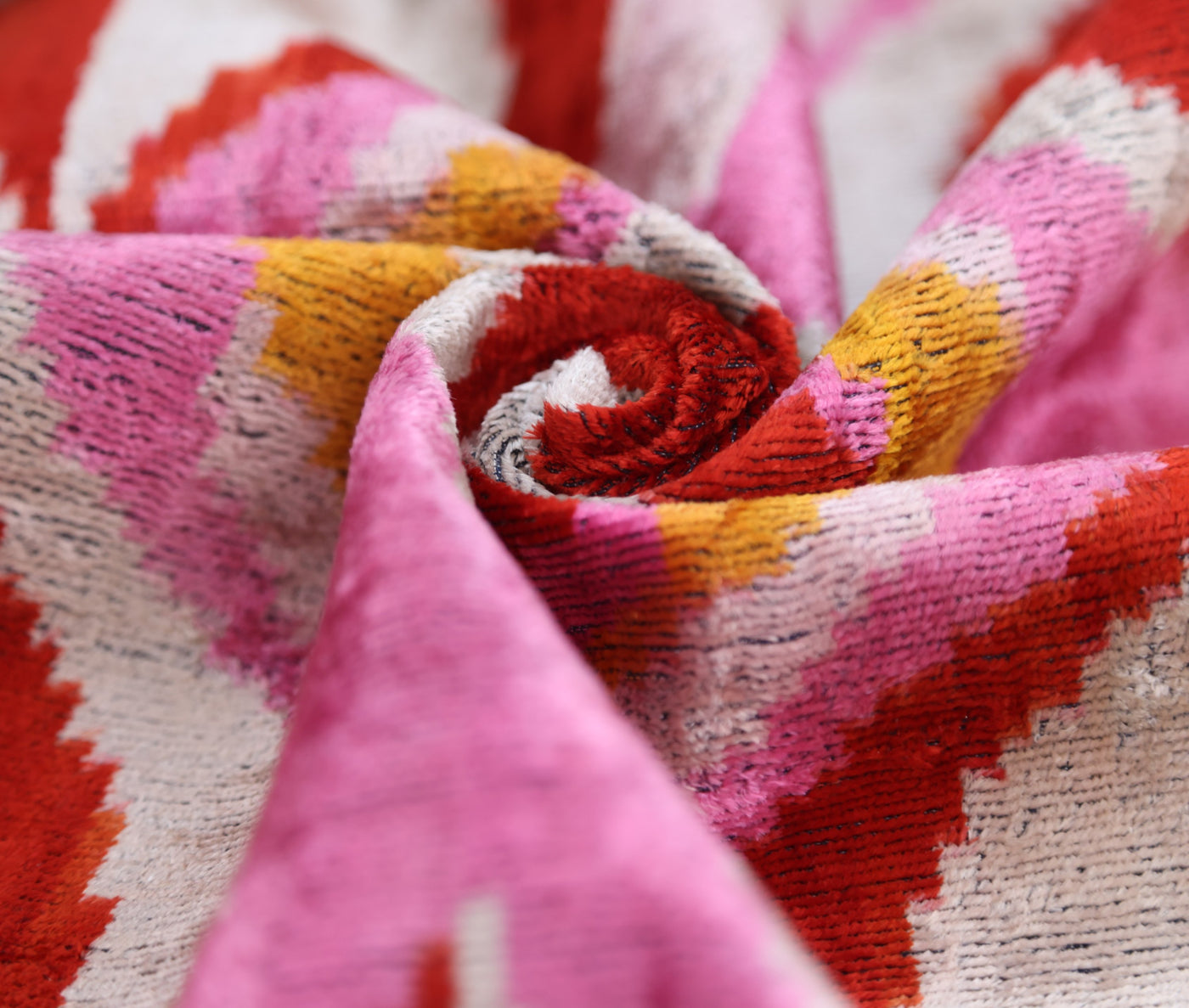 Pink Red Wave Silk Velvet Pillow – 20x20 Handmade Ikat Throw Cushion