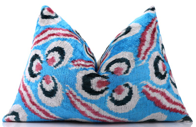 Blue Silk Velvet Ikat Lumbar Pillow 16x24 – Handmade Luxury