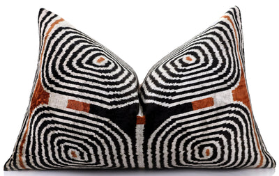 Black Ivory Rust Geometric Silk Velvet Lumbar Pillow – 16x24 Handmade Luxury Cushion