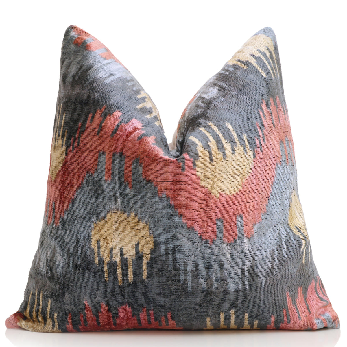 Charcoal Gray & Coral Ikat Silk Velvet Pillow – 20x20