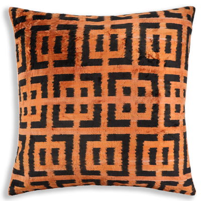 Burnt Orange Black Geometric Silk Velvet Pillow – 20x20 Handmade Luxury Cushion