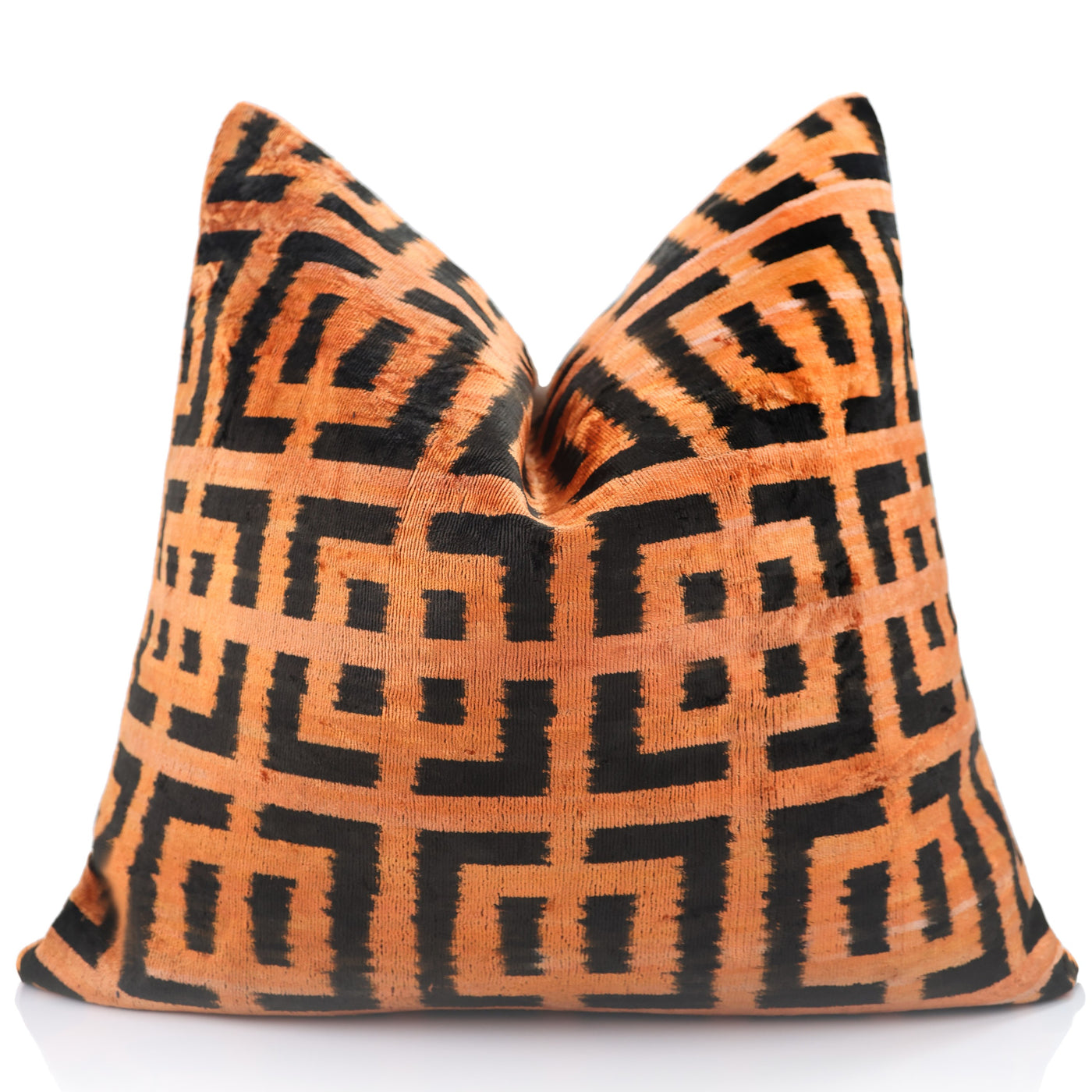Burnt Orange Black Geometric Silk Velvet Pillow – 20x20 Handmade Luxury Cushion