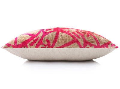 Fuchsia Beige Silk Velvet Lumbar Pillow – 16x24 Handmade Ikat Luxury Cushion