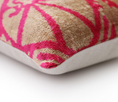 Fuchsia Beige Silk Velvet Lumbar Pillow – 16x24 Handmade Ikat Luxury Cushion