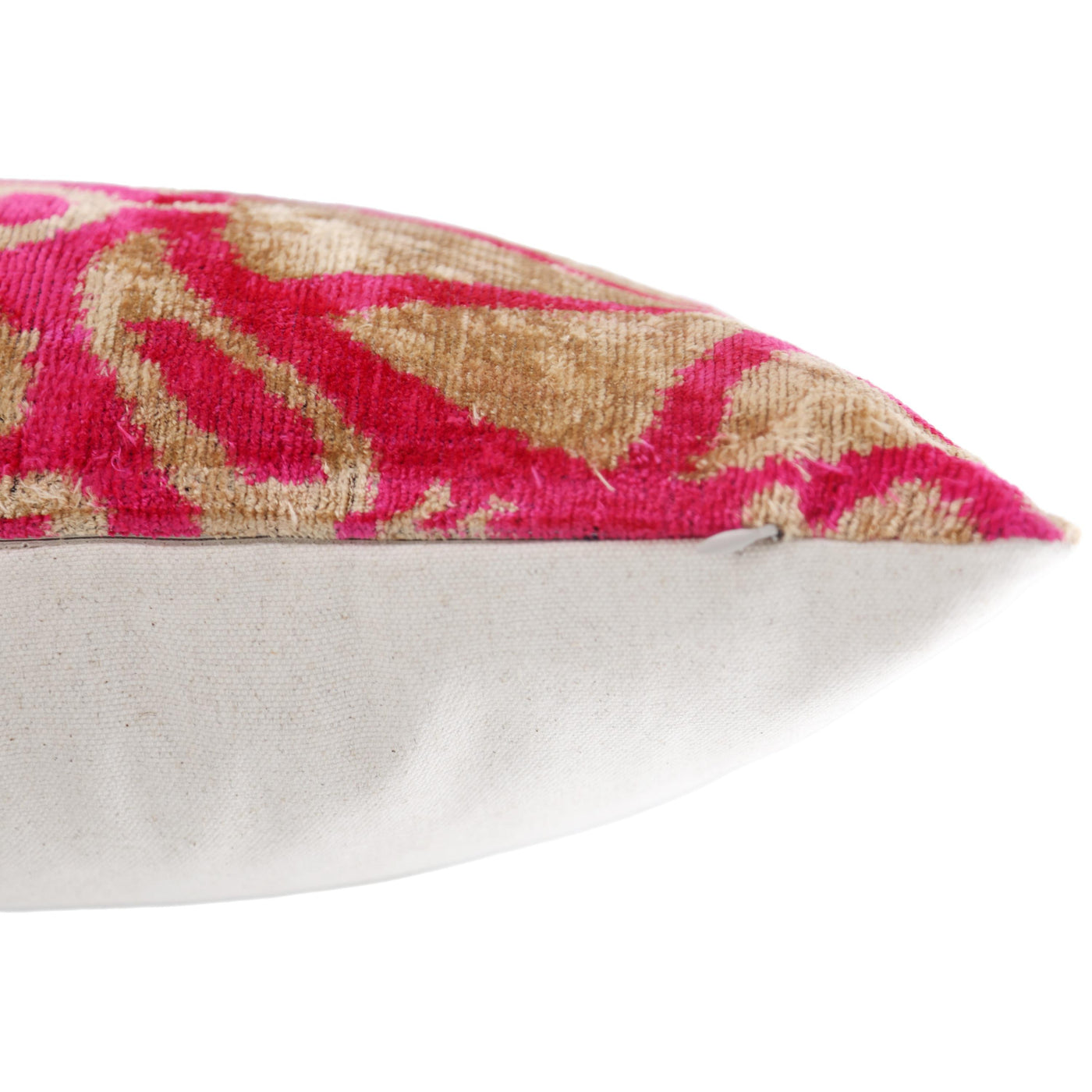 Fuchsia Beige Silk Velvet Lumbar Pillow – 16x24 Handmade Ikat Luxury Cushion