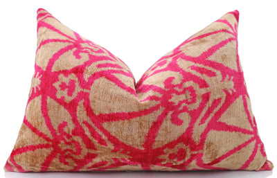 Fuchsia Beige Silk Velvet Lumbar Pillow – 16x24 Handmade Ikat Luxury Cushion