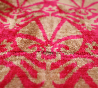 Fuchsia Beige Silk Velvet Lumbar Pillow – 16x24 Handmade Ikat Luxury Cushion