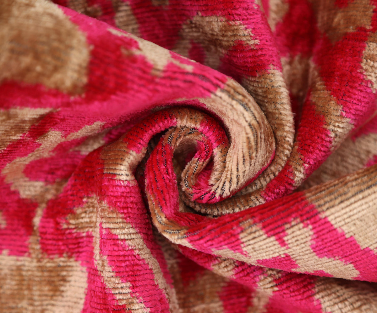 Fuchsia Beige Silk Velvet Lumbar Pillow – 16x24 Handmade Ikat Luxury Cushion