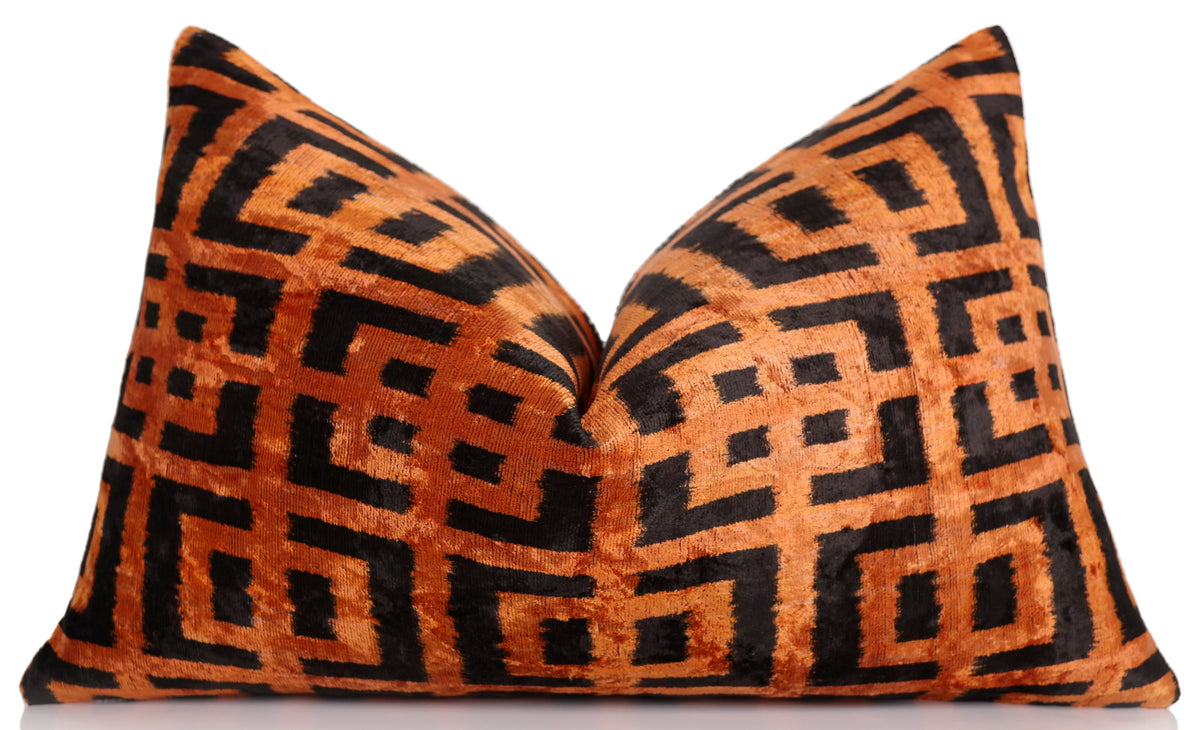 Burnt Orange Silk Velvet Geometric Lumbar Pillow 16x24