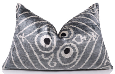 Gray & White Silk Velvet Ikat Lumbar Pillow 16x24 – Handmade