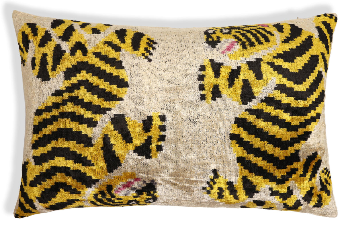 Golden Tiger Silk Velvet Lumbar Pillow – 16x24 Handmade Designer Cushion