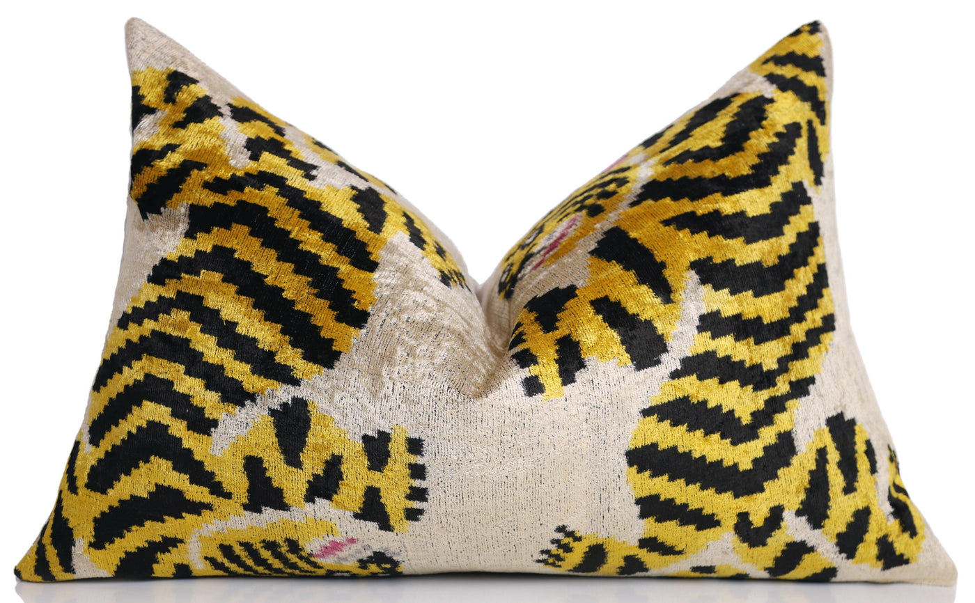 Golden Tiger Silk Velvet Lumbar Pillow – 16x24 Handmade Designer Cushion