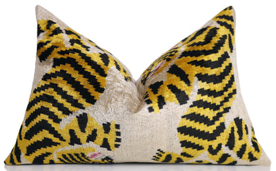 Golden Tiger Silk Velvet Lumbar Pillow – 16x24 Handmade Designer Cushion