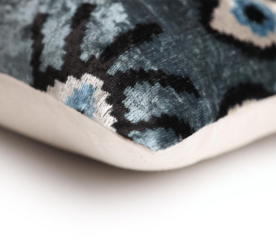 Gray Blue Eye Silk Velvet Lumbar Pillow – 16x24 Handmade Ikat Luxury Cushion