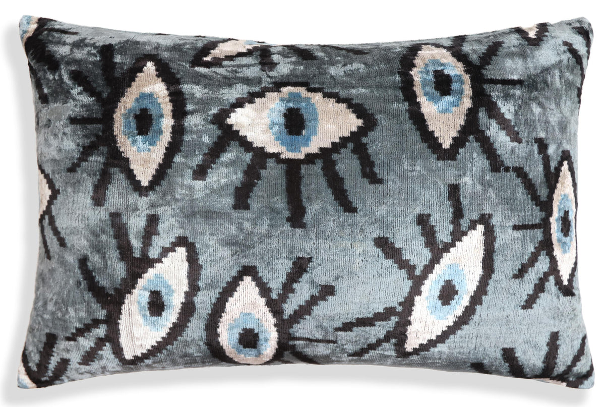 Gray Blue Eye Silk Velvet Lumbar Pillow – 16x24 Handmade Ikat Luxury Cushion
