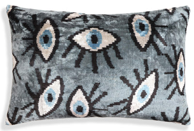 Gray Blue Eye Silk Velvet Lumbar Pillow – 16x24 Handmade Ikat Luxury Cushion