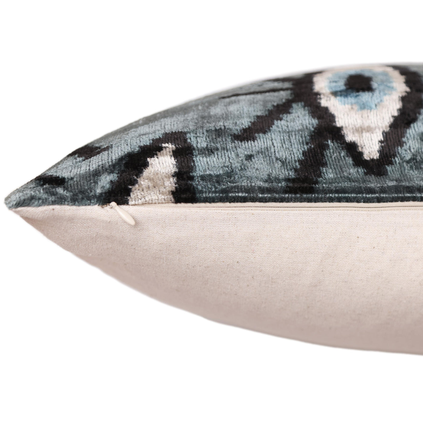 Gray Blue Eye Silk Velvet Lumbar Pillow – 16x24 Handmade Ikat Luxury Cushion