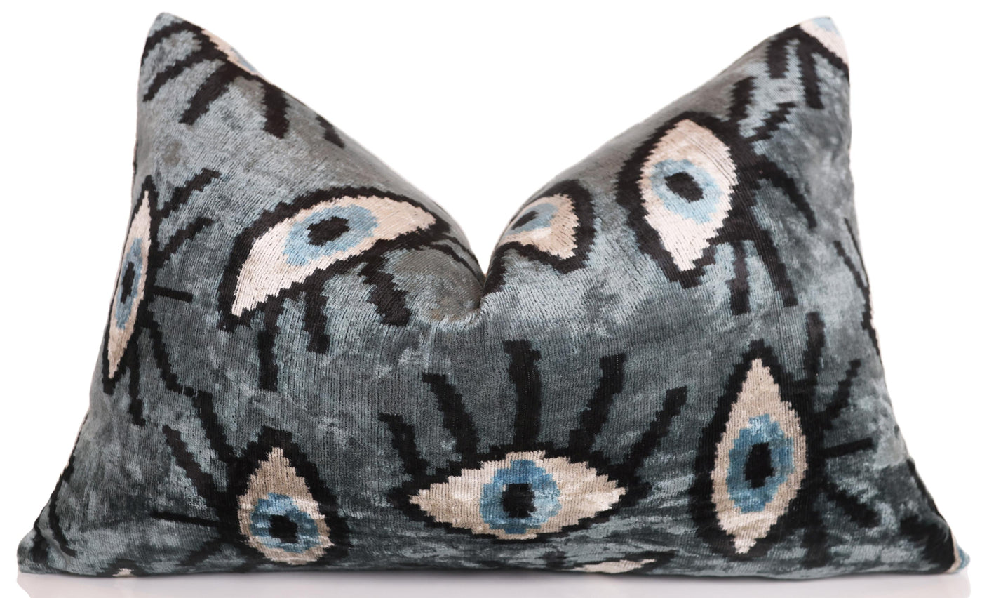 Gray Blue Eye Silk Velvet Lumbar Pillow – 16x24 Handmade Ikat Luxury Cushion