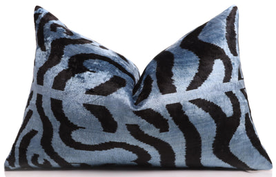 Blue Black Abstract Silk Velvet Lumbar Pillow – 16x24 Handmade Modern Cushion