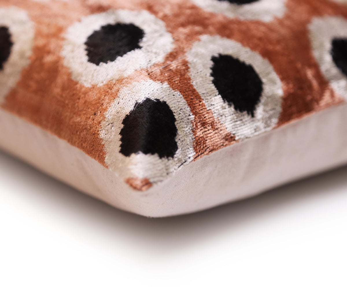 Copper Gold Black Dot Silk Velvet Lumbar Pillow – 16x24 Handmade Modern Cushion