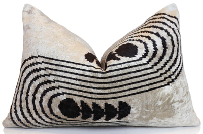 Black Silver Geometric Silk Velvet Lumbar Pillow – 16x24 Handmade Modern Cushion
