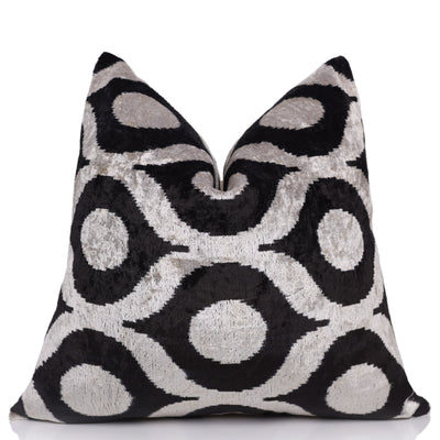 Black Silver Silk Velvet Pillow – 20x20 Handmade Modern Ikat Cushion