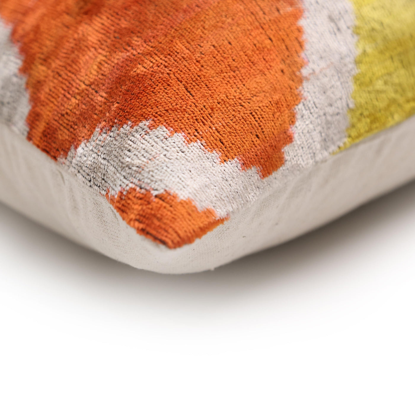 Orange Yellow Silk Velvet Lumbar Pillow – 16x24 Handmade Ikat Luxury Cushion