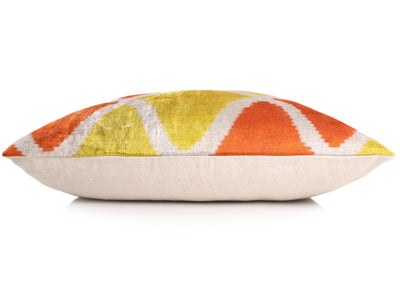 Orange Yellow Silk Velvet Lumbar Pillow – 16x24 Handmade Ikat Luxury Cushion