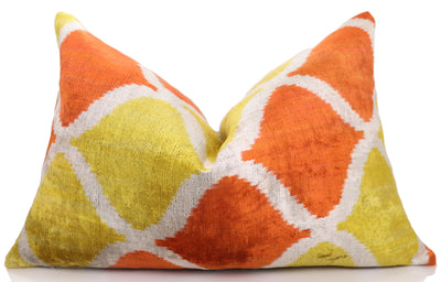 Orange Yellow Silk Velvet Lumbar Pillow – 16x24 Handmade Ikat Luxury Cushion