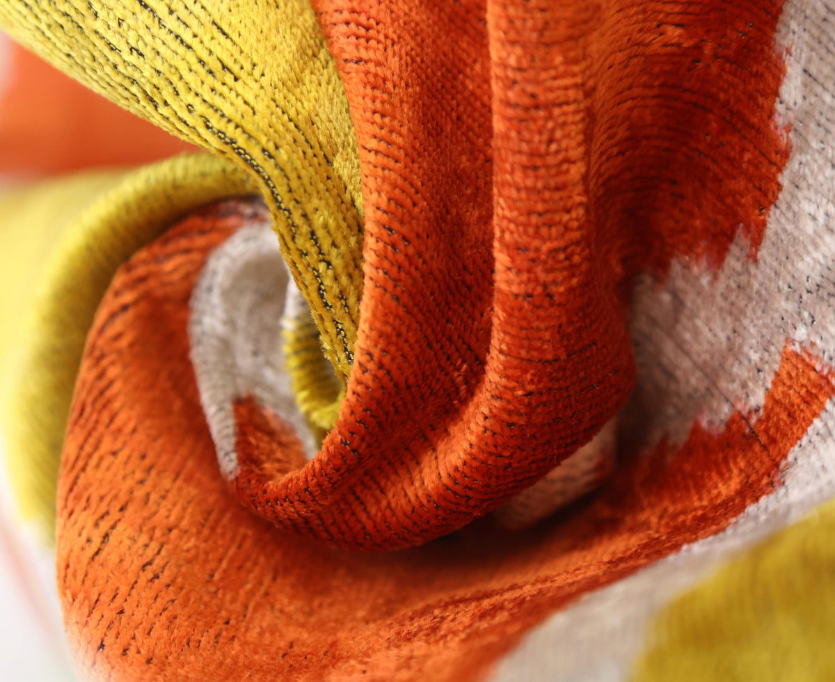 Orange Yellow Silk Velvet Lumbar Pillow – 16x24 Handmade Ikat Luxury Cushion