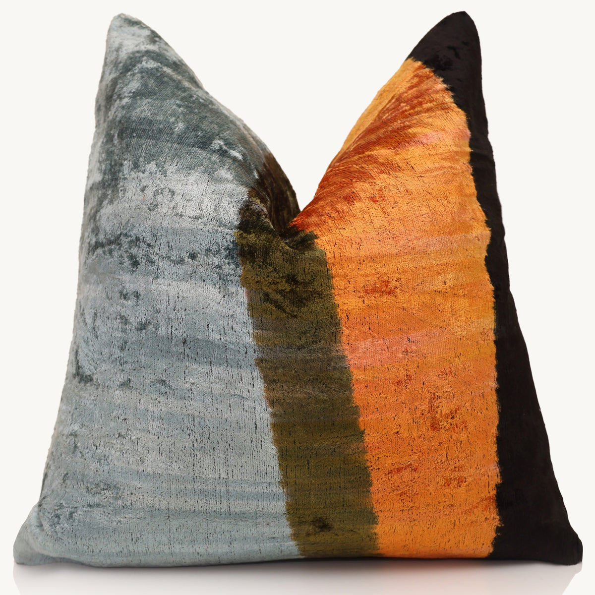 Steel Blue & Burnt Orange Silk Velvet Pillow – 20x20