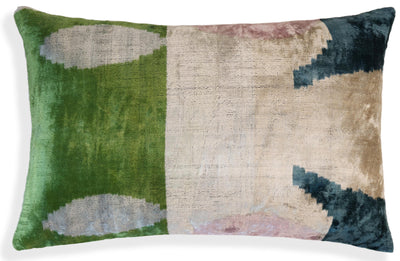 Green and Beige Abstract Silk Velvet Pillow 16x24 Handmade Luxury Cushion