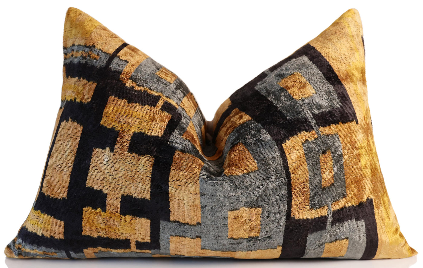 Bronze and Blue Geometric Silk Velvet Pillow 16x24 Handmade Luxury Cushion