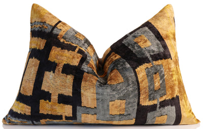 Bronze and Blue Geometric Silk Velvet Pillow 16x24 Handmade Luxury Cushion