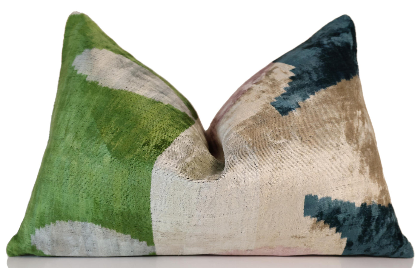 Green and Beige Abstract Silk Velvet Pillow 16x24 Handmade Luxury Cushion