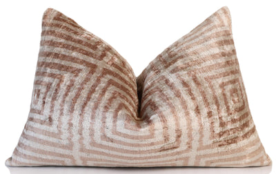 Beige Geometric Silk Velvet Pillow 16x24 Handmade Luxury Cushion