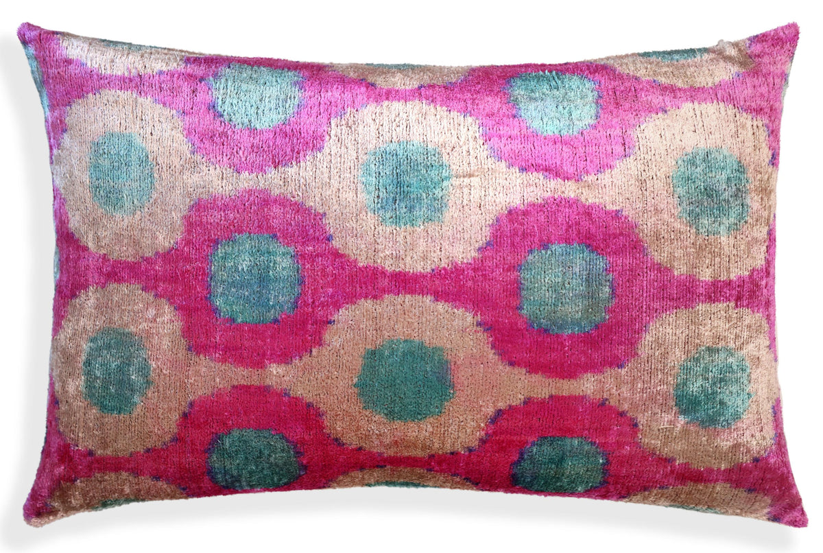 Pink and Aqua Circle Silk Velvet Pillow 16x24 Handmade Luxury Cushion