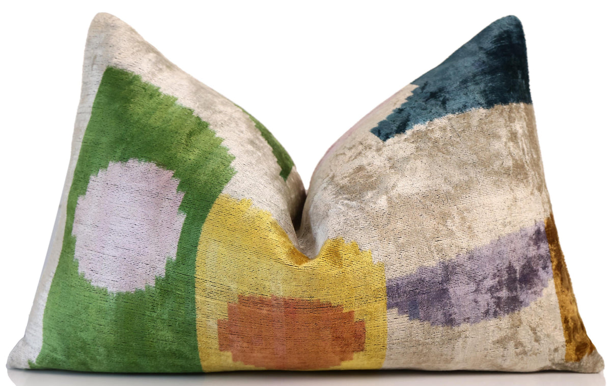 Green Yellow and Lilac Abstract Silk Velvet Pillow 16x24 Handmade Luxury Cushion