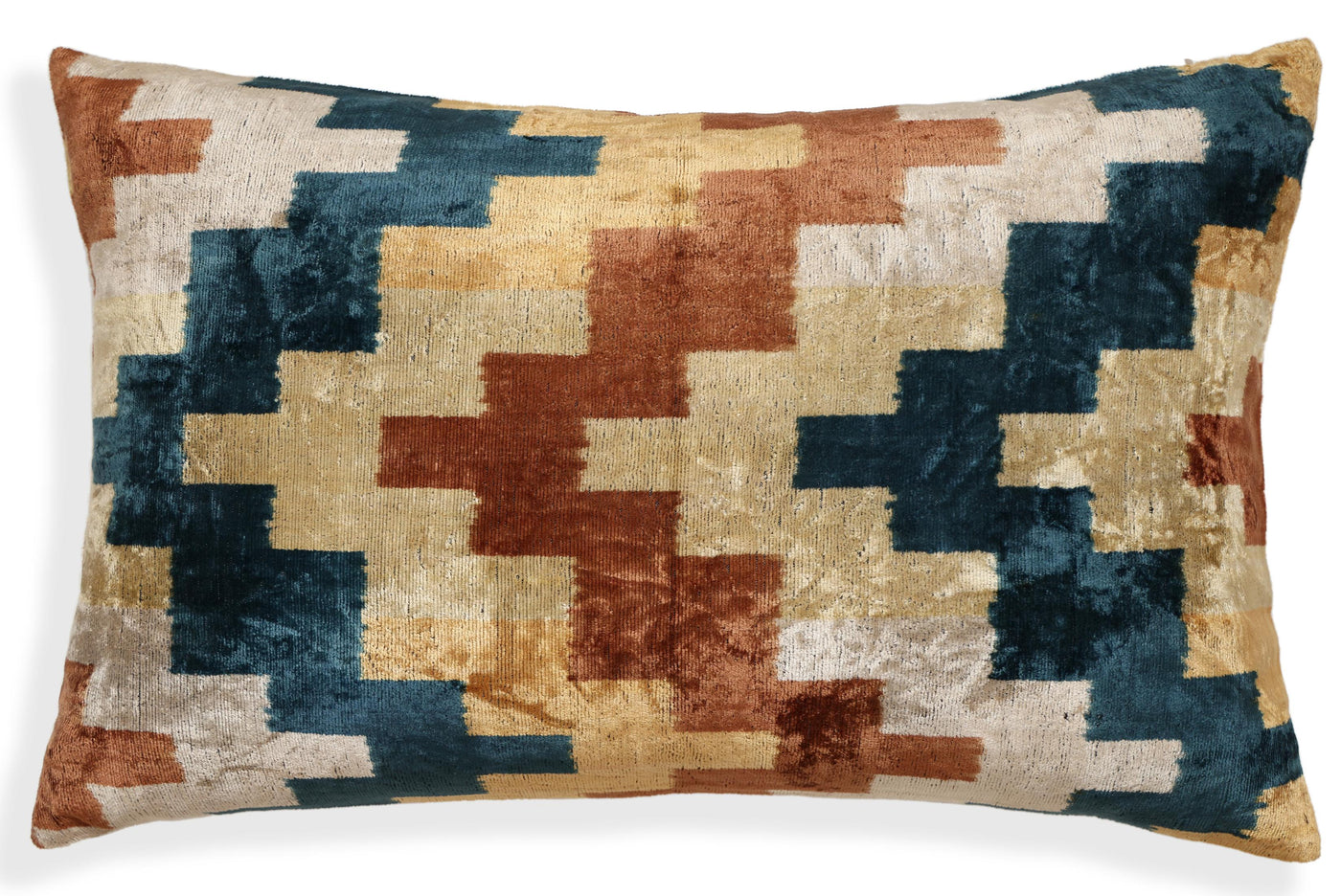 Geometric Rust and Teal Silk Velvet Pillow 16x24 Handmade Luxury Lumbar Cushion