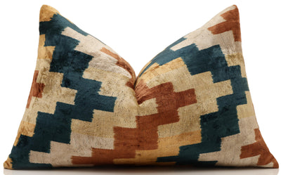 Geometric Rust and Teal Silk Velvet Pillow 16x24 Handmade Luxury Lumbar Cushion