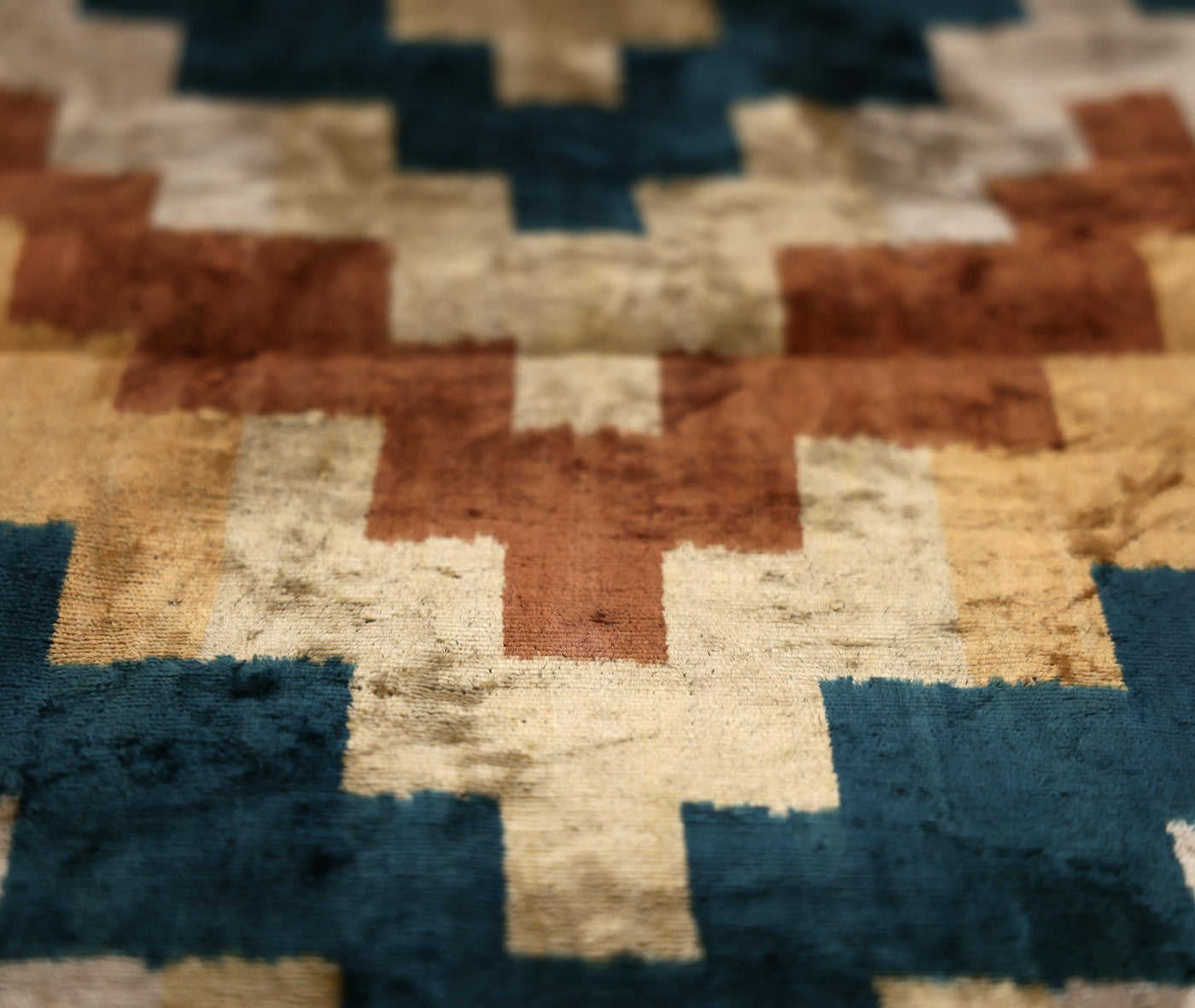 Geometric Rust and Teal Silk Velvet Pillow 16x24 Handmade Luxury Lumbar Cushion