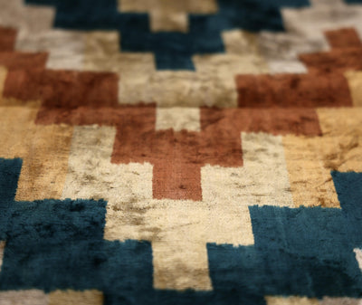 Geometric Rust and Teal Silk Velvet Pillow 16x24 Handmade Luxury Lumbar Cushion