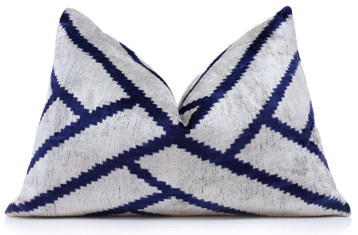 Blue & Silver Geometric Silk Velvet Lumbar Pillow – 16x24