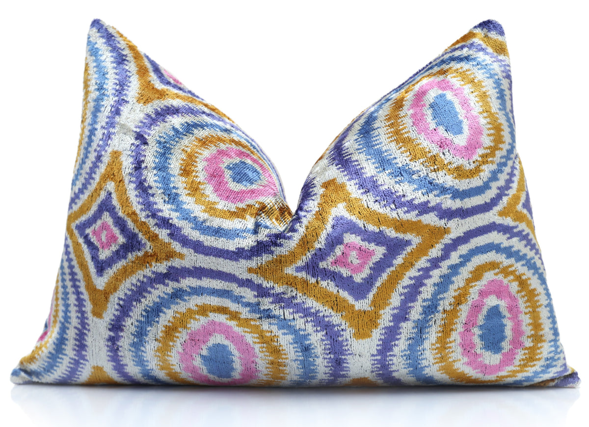 Pink, Gold & Purple Ikat Silk Velvet Lumbar Pillow – 16x24