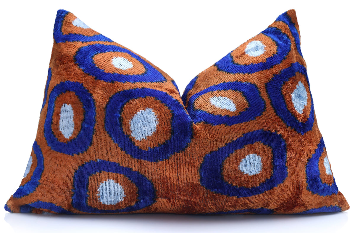 Rust & Cobalt Blue Ikat Silk Velvet Lumbar Pillow – 16x24